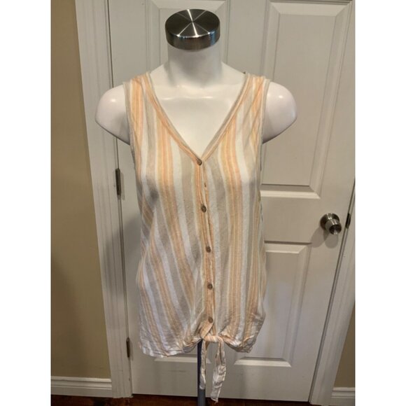 Rachel Zoe Tan, Cream & Yellow Striped Button-Up Tank W/ Tie, Size Small - Picture 1 of 5